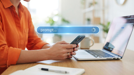 Fototapeta premium Person Using Smartphone With Search Prompt Overlap On Workspace