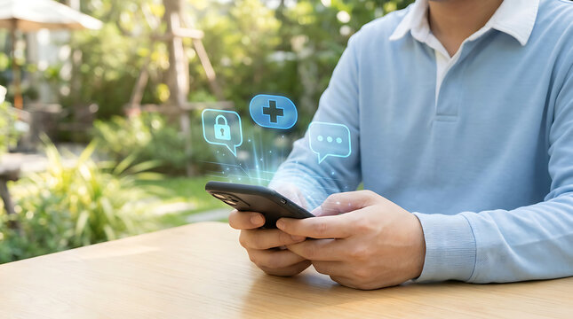 Person Using Smartphone With Health And Security Icons Displayed