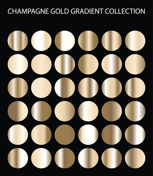 Champagne gold gradient collection, luxury metallic swatches set of 36 circles, elegant rose gold and beige metal textures for graphic design