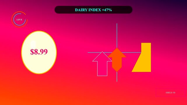 Grocery price rises are illustrated through this motion graphic sequence showcasing numerical values for dairy products escalating alongside pink arrows on a vibrant gradient background
