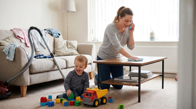 Parenting kid while cleaning and multitasking in a messy living room