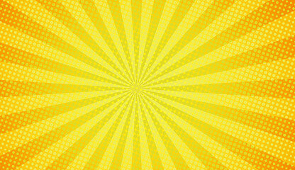 Abstract yellow and orange comic book background with radial sunburst and halftone dots © Arslan saeed