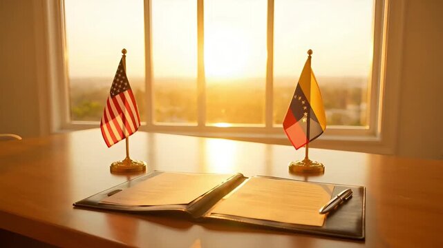 agreement document lies on wooden table between table flags of usa and venezuela against window with sunset in office, concept of diplomacy and negotiations of countries