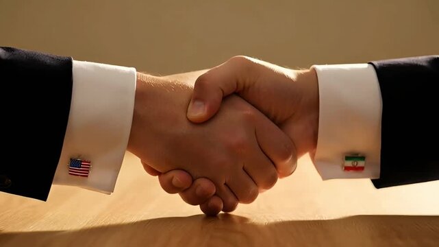 official business handshake of men in suits with cufflinks in the form of state flags of the usa and iran the concept of successful diplomatic negotiations and a peaceful agreement