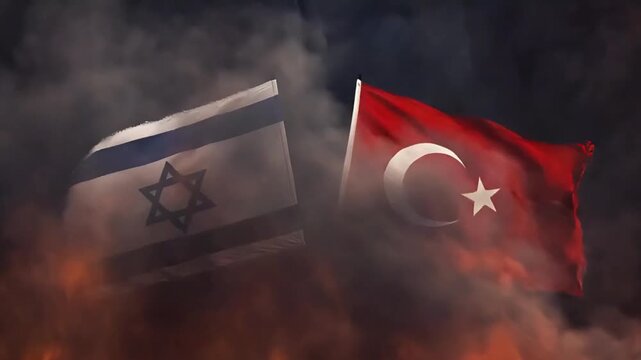 conceptual simulation of waving state flags of israel and turkey on crossed flagpoles against a background of thick dark smoke and fire