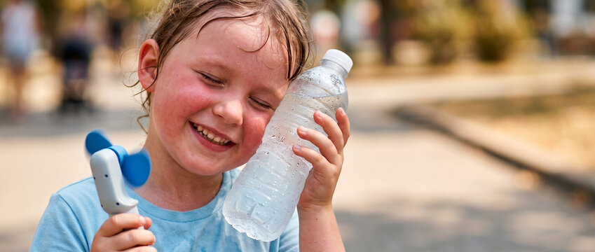 Girl holding a cold bottle of water and a handheld fan to stay cool during a heatwave. Relief from hot summer weather in the city. Innovative methods for heat management and hydration.