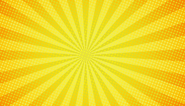 Abstract yellow and orange comic book background with radial sunburst and halftone dots