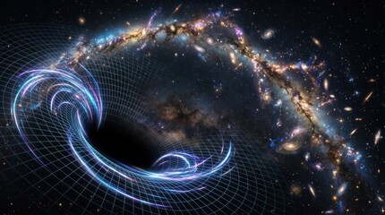 Fototapeta premium Deep space concept art with a glowing galaxy filament, a curved spacetime grid, and luminous quantum particles arcing around an expanding horizon, suggesting quantum gravity, dark energy, and the