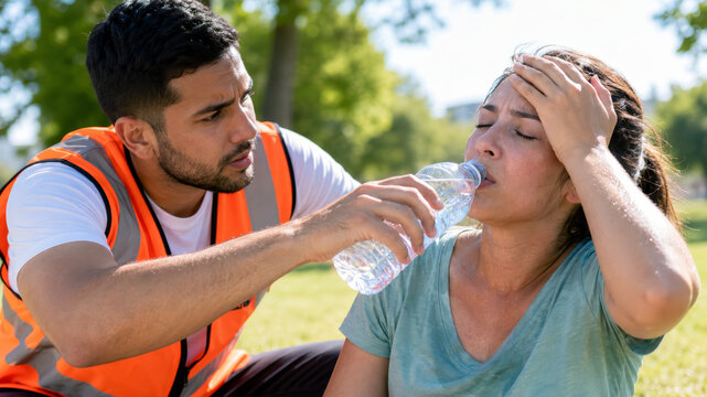 Man assisting woman suffering from heat exhaustion by offering water, summer outdoor safety, heat awareness, dehydration prevention, emergency response, hydration first aid, sun relief