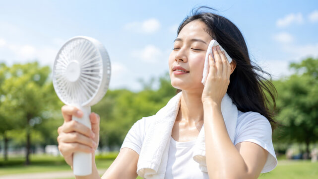 Sweltering summer heat relief outdoors, woman cooling face with towel, handheld electric fan airflow, heat advisory safety, hydration break, sun protection, shade seeking, heat index stress