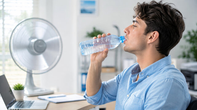 Heat stressed office worker drinking water near electric fan, indoor cooling during heatwave, dehydration prevention and hydration break at desk, urban heat island risk, climate crisis