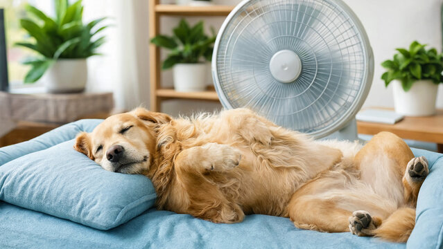 Dog relaxing on a blue bed with a fan in the background, summer heat relief for pets, staying cool indoors, sweet dreams, cozy pet moment, golden retriever enjoying a nap, indoor temperature control