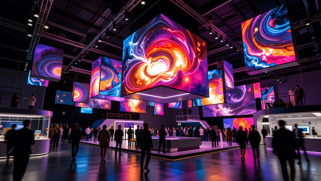 Futuristic exhibition hall with large digital displays