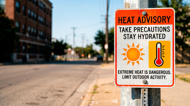 Heat advisory warning sign on city street during extreme hot weather. Urban heatwave awareness communication. Safety instructions for health protection during high temperature summer days.