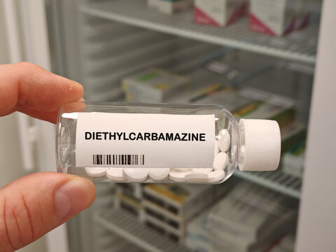 DIETHYLCARBAMAZINE anthelmintic for filarial parasitic infections bottle with tablets in pharmacy