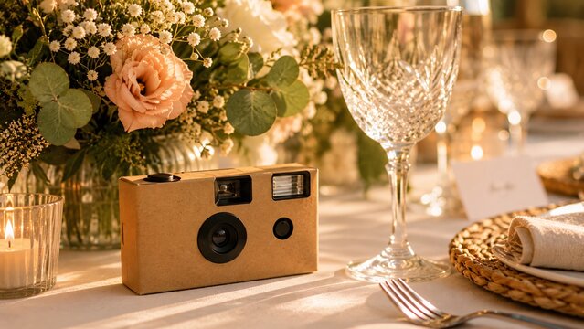Rustic wooden disposable camera placed on an elegant wedding reception table with floral arrangements and crystal glasses