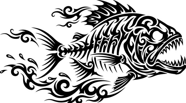 Tribal Piranha Fish Skeleton Tattoo Vector Art