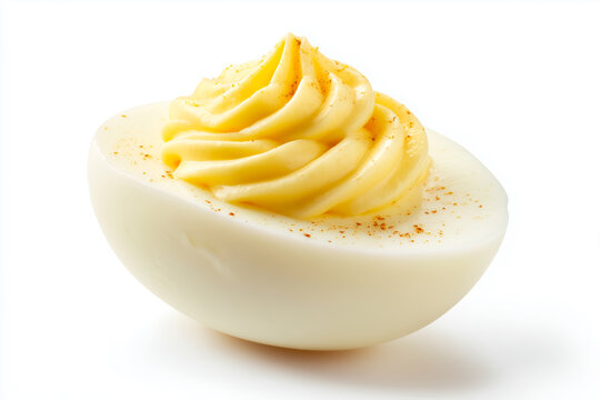 A single deviled egg half with a beautifully piped creamy yellow yolk filling and a sprinkle of paprika powder, isolated on a clean white background