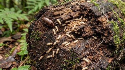 Naklejka premium Macro nature study of a rotting hardwood log filled with pale worker termites, a brown woodroach, chewed cellulose fibers, damp moss, and thin fungal threads; close-up of insect nutrition and social