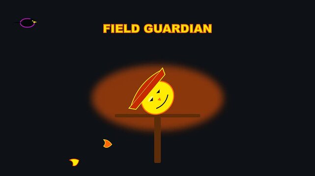 a cartoon scarecrow head moves amidst an autumn festival atmosphere during wildfire prevention season as orange leaves drift across the dark screen in this animated clip
