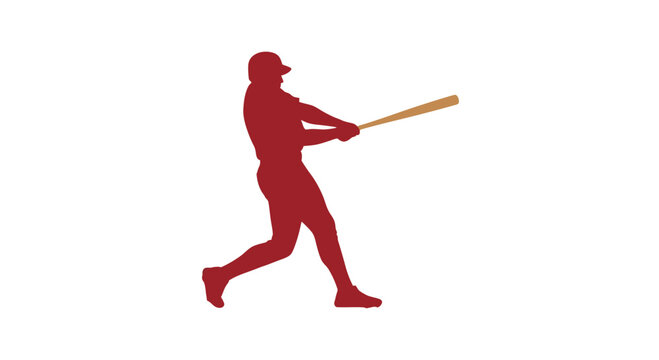 Baseball Player Silhouette Swinging Bat, Red on White Background