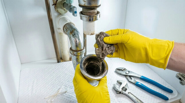 Plumber Cleaning Sink Drain Pipe During Maintenance