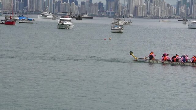 Dragon Boat Race Team Paddling in Urban Harbor with Skyline