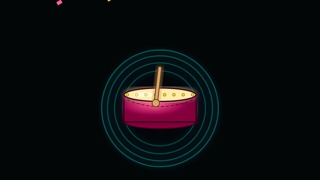 A wooden drumstick strikes a round instrument during the vibrant autumn festival while representing visual metaphors for wildfire prevention within this dark minimalist motion graphic animation