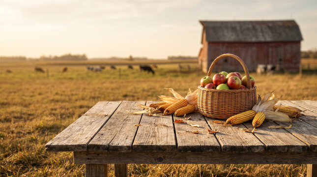 A rustic wooden table holding a wicker basket full of fresh red apples and ears of corn in a scenic farm field at sunset