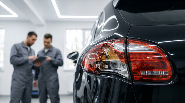 Two professional mechanics inspecting a damaged car taillight in a modern auto repair shop, focusing on the broken light assembly