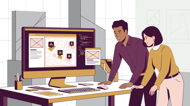 Software developers collaborating on application design in office