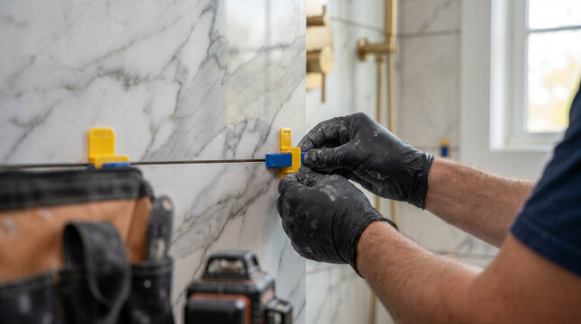 Professional tiler installing large format marble tiles on a bathroom wall using a leveling spacer system and a laser level tool