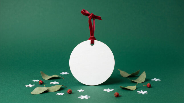 Blank round christmas ornament tag with red velvet ribbon on green background with eucalyptus leaves, red berries and white snowflakes