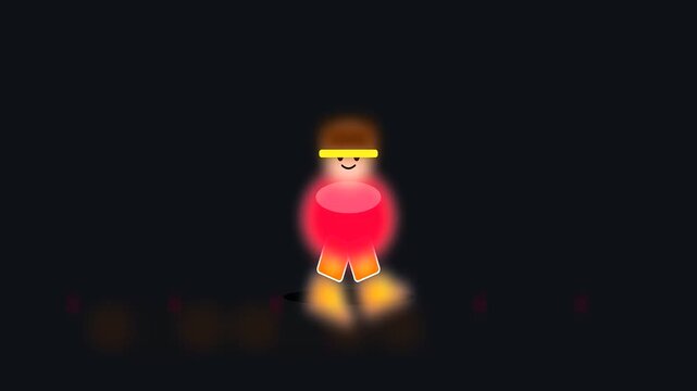 Animated boy mascot with glowing red sphere torso walking during an autumn festival while promoting wildfire prevention awareness through educational digital motion graphics sequence on dark field