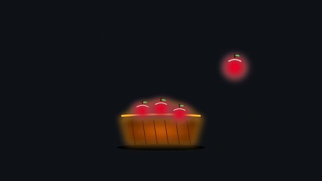 Animated falling fruit collection for an autumn festival and wildfire prevention program featuring glowing red produce dropping into rustic wooden baskets against dark artistic noir canvas