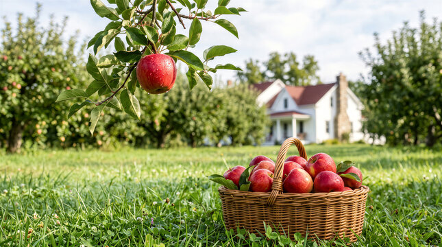 A wicker basket full of freshly picked red apples sits in a lush green orchard with a farmhouse in the background under a bright sky