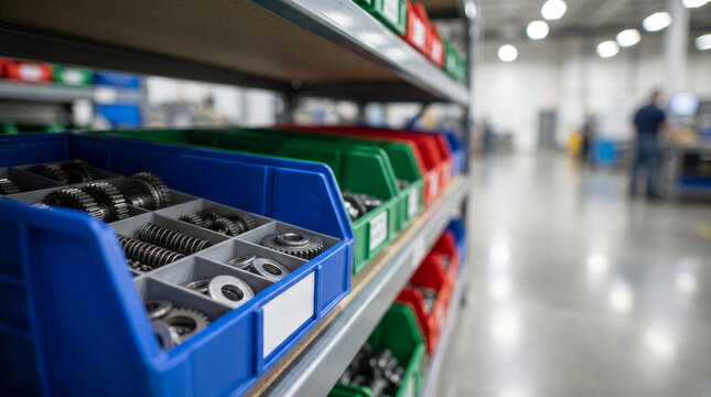 Closeup of industrial storage bins filled with metal gears, springs, and washers on warehouse shelving in a manufacturing facility