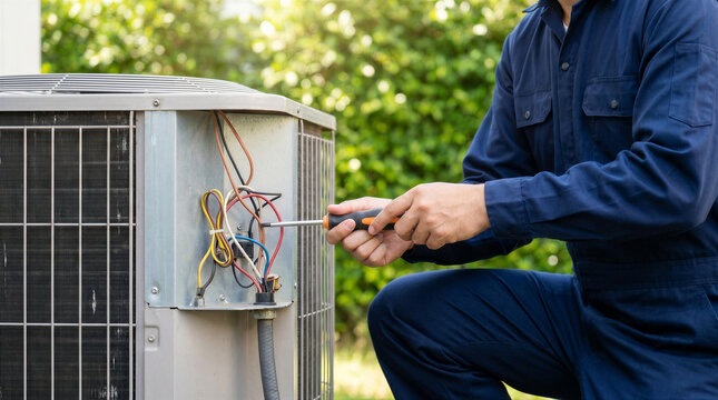 Professional technician in blue uniform repairing an outdoor air conditioning unit with a screwdriver in a garden setting