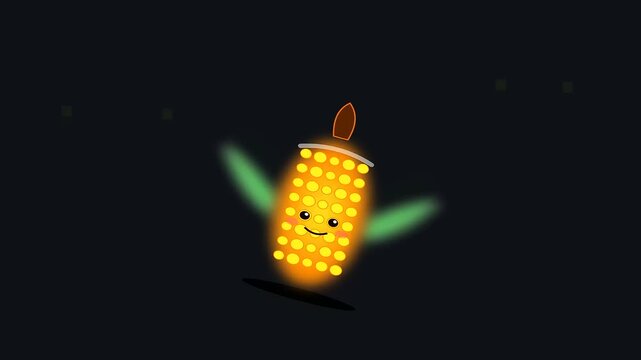 Three glowing animated corn characters dance against a dark sky setting an autumn festival mood while promoting wildfire prevention efforts through whimsical light movement and joy