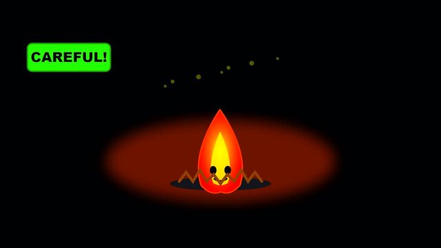 Small flickering flame animation illustrates wildfire prevention safety during a dark autumn festival setting where glowing embers rise from a jagged metal trap base design