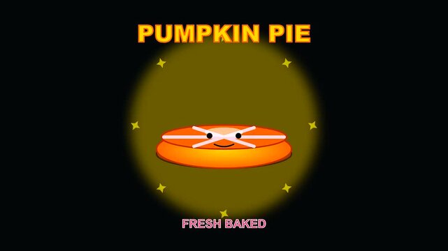 Cartoon pumpkin pie with cute face under glowing lights during an autumn festival celebration illustrating effective wildfire prevention methods for holiday party seasonal cooking safety measures