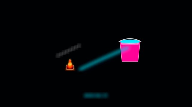 Animation demonstrating wildfire prevention during an autumn festival as water from a pail extinguishes a glowing flame symbol in a flat graphic instructional digital sequence