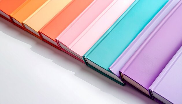 Colorful Books Arranged in Rainbow Order: A vibrant collection of books, each with a distinct pastel hue, are neatly arranged in a diagonal line, creating a visually appealing spectrum.