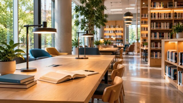 Bright Library Study Table with Open Book, Desk Lamps and Bookshelves