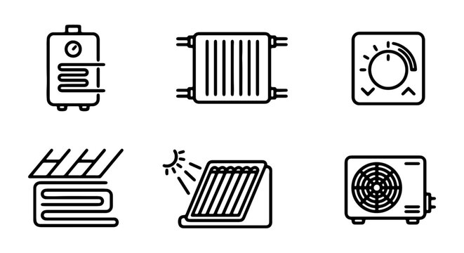Heating and Cooling Icons: Boiler, Radiator, Thermostat, Underfloor, Solar, AC Unit Vector Set