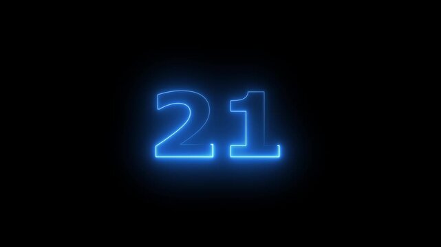 he neon 21 text icon animation features glowing, pulsating letters that transition smoothly with vibrant colors, creating an energetic, dynamic 21 visual effect for loop animation
