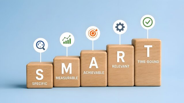 Wooden blocks forming steps spelling SMART goals acronym specific measurable achievable relevant and time bound for strategic business planning and growth