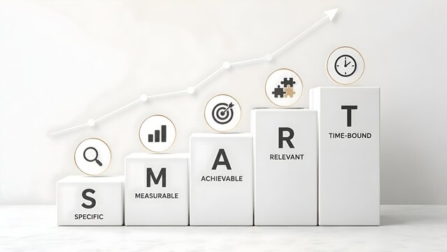 SMART goals concept with white blocks forming a staircase showing specific measurable achievable relevant and time bound objectives for business growth