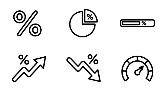 Percentage Icons: Growth, Decline, Pie Chart, Progress Bar, Gauge, Vector Set