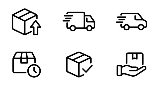 Delivery Icons: Shipping Boxes, Trucks, Vans, Clock, Checkmark, Hand Holding Package